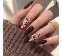 24Pcs Autumn Nails, Glossy Brown Floral Press On Nails Almond | Contrast Colour False Nails, Reusable Stick on Nails, Easy to Apply/Remove, Durable Autumn Nail Decoration for Women