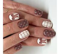24Pcs Autumn Winter Short Square Glossy False Nails Coffee Brown Checkered Bowknot White Polkas Dots ABS Artificial Nails Application ABS Fake Nail
