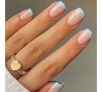 24PCS Baby Blue French Tip Press on Nails - Short Square & Coffin Shape Acrylic Fake Nails, 12 Sizes Full Cover, Full Cover G-lue on Nails, Elegant Design, Durable & Long-Lasting, Easy Nail Art Set