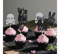 24PCS Bad Two The Bone Cupcake Topper Black 2nd Birthday Decorations