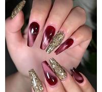 24Pcs Ballet False Nails With Glitters Powder Full Covers Glossy Stick On Nails Manicure Artificial Nails Art For Women