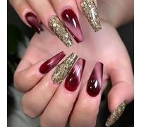 24Pcs Ballet False Nails With Glitters Powder Full Covers Glossy Stick On Nails Manicure Artificial Nails Art For Women