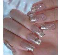 24pcs Ballet Press On Nails With Glitters, French Tips Designs Nails Fake Gloss Acrylic Artificial Fingernails