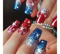 24Pcs Ballet Styles False Nails With Star Glitters Artificial Acrylic Press On For Independence Day Manicure Red Blue Glitters Nail