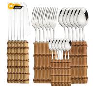 24Pcs Bamboo Cutlery Set with Stainless Steel Flatware and Natural Handles