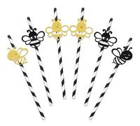 24Pcs Bee Paper Straws Bee Birthday Party Decoration Happy 1st Bee Day Straws Bee Baby Shower Party Supplies Gold Black Glitter