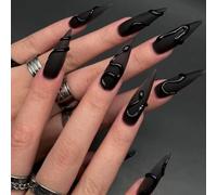 24PCS Black Almond Press-on Nails, Long Stiletto Shape with 3D Snake Design, Glossy Full Cover Fake Nails for Women, Easy Stick-On French Tip False for Quick Application