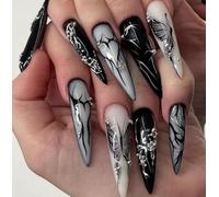 24Pcs Black and White Stiletto Press On Nails - Extra Long False Nails with Butterfly Wing Design andMetallic Accents - Includes Gelly Adhesive Tabs for Easy Application and Glam Look