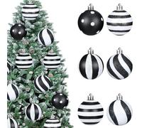 24PCS Black and White Striped Christmas Baubles, Shatterproof Plastic Xmas Tree Hanging Ornaments with Stripes and Dots, 3-8cm Assorted Sizes (black-white, 6cm)