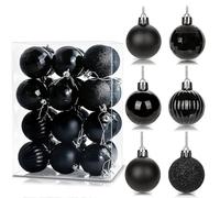 24Pcs Black Baubles for Christmas Tree, 6cm Shatterproof Plastic Christmas Balls Ornaments with Strings, 6 Design Xmas Baubles Hanging Balls for Indoor Outdoor Xmas New Year Party Decor