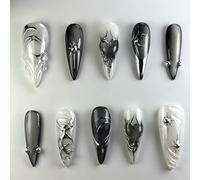 24Pcs Black Cat Eye Almond False Nails Medium, 3D Handmade Press on Nails with Love & Silver Beads Design Glossy Glitter Fake Nails Set, Acrylic Full Cover Stick on Nail for Women Manicure Decoration