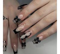 24PCS Black Fake Nails - 3D Rhinestone & Bow Press on Nails Gothic - French Tip False nails with Glue - Medium Coffin Stick on Nails - Durable Glue on nails for Women - Acrylic Nail Tips Full Cover