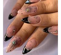 24pcs Black False Nails,Black Press on Nails,Almond Press on N/ails,False N/ails Medium Almond Acrylic Na/ils,P/ress Shiny F/alse Na/ils with Diamond Stars Light Designs Natural Glue Nail