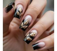 24PCS Black False Nails French Tip - Fake Nails with Glue - Gothic Press on nails Designed with Golden Leaf - Medium Square Stick on Nails for Women - Long Lasting Acrylic Nail Tips in 12 Sizes