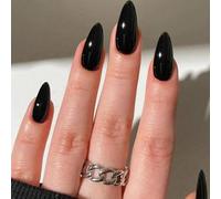 24PCS Black French Tip Acrylic Press-On Nails, Almond Shape Medium Length, Glossy Reusable Fake Nails with Accessory Tools for Women, Stick-On Tips with Strong Hold for DIY Manicure at Home