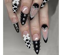 24pcs Black French Tip Press on Nails Medium Almond Fake Nails with 3D Bow Rivet Rhinestones Designs Gothic False Nails Lace Glue on Nails French Acrylic Nail Tips Full Cover Stick on Nails for Women