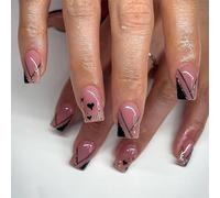 24Pcs Black French Tip Press on Nails Short Pink Fake Nails Square Shaped Heart Gold Glitter French Lines Designs Full Cover Glue on Nails Artificial Acrylic False Nails for Women Manicure Decoration