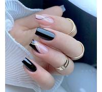 24Pcs Black French Tip Press On Nails with Gold & White Design - Short Coffin False Nails Glossy Full Cover Glue On for Women Elegant Touch Manicure Set Reusable Easy Apply