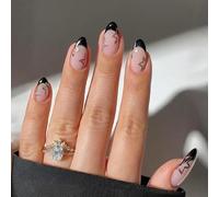 24PCS Black French with Stars Press On Nails - Almond Shape False Nails with Chic Black French Tips, Golden Star Accents & Glossy Finish for Special Occasions