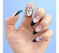 24PCS Black Glitter Press On Nails - Nude False Nails with Snake Moon Star Design Full Cover Stick On for Women Girls Gothic Halloween Party Long Lasting Easy Apply