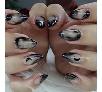 24Pcs Black Marble Smoke Press on Nails - Glossy Almond Fake Nails with Moon Design, Long Stick On for Women Gothic Halloween Party (Black Marble Smoke)