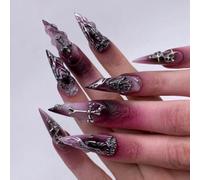 24pcs Black Ombre False Nails Medium Length Almond Press on Nails Gothic Fake Nails French Tip Stick on Nails Removable Glue on Nails Acrylic Nail Tips Halloween Women Punk Nail Art Accessories
