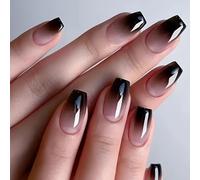 24Pcs Black Ombre Press on Nails - Glossy Square Fake Nails with Gradient Design, Short Medium Stick On for Women Daily Party Manicure (Black)