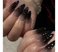 24pcs Black Ombre Press on Nails - Medium Length Almond Gothic French Tip Stick on Fake Nails - Removable Glue on Acrylic Nail Tips for Halloween Women Punk Nail Art Accessories