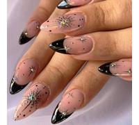 24pcs Black Press On Nails - French Tips False Nails - Medium Almond Acrylic Nails Nail Press Shiny False Nails with Diamond Stars Light Designs Natural Glue Nail