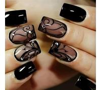 24PCS Black Press on Nails Short Square - Black False Nails with black Waves Designs - Full Cover Acrylic Stick on Nails with Glue - Reusable Fake Nails for Women Daily Wear