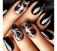 24Pcs Black Rose French Tip False Nails Medium, Solid Color Flower Press on Nails Coffin, Natural Removable Full Cover Fake Stick on Nails in 12 Sizes, Manicure Kit for Women Girls Daily Wear