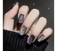 24Pcs Black Shiny Rainbow Cat Eye Press On Nails - Short Square Fake Nails with Glitter Design, Full Cover Glossy, Made of Premium ABS for Comfort and Durability, with Jelly Adhesive Tabs