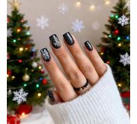 24PCS Black Snowflake Press On Nails - Black Glitter Square Acrylic Fake Nails with Elegant Snowflake Design, Reusable ABS Stick-On with Jelly Adhesive for Winter Party & Holiday Look