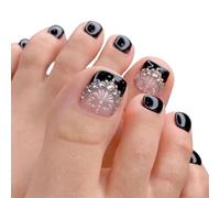 24Pcs Black Sparkling Square Fake Nails with Elegant Flower Designs and Highly Finish for Parties Weddings Everyday Stone Floral Fraudulent Hoofs