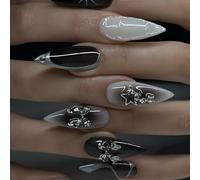 24Pcs Black White Gradient Press on Nails - Long Stiletto Fake Nails with 3D Bow and Star Decorations, Glossy Gothic Stick On for Women Party Manicure (3D Bow)