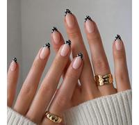 24PCS Black White Polka Dot French Press On Nails - Almond Fake Nails with Nude Wave Tip Design - Acrylic False with Jelly Tabs for Everyday Wear and Chic Styling