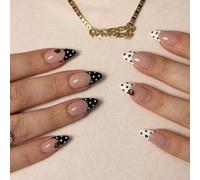 24PCS Black White Polka Dot Press On Nails With Nude Base & Red Ladybug Accent - Monochrome Almond Shape False Nails Set For Classic Retro Vintage Pin Up Style Women And Girls