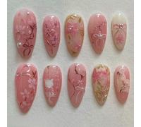 24PCS Bloom Tips Press On Nails Pink Almond Shape with 3D Flower - Pearl and Cat Design, Medium Summer False Nails with Accessory Tools, ABS Mate