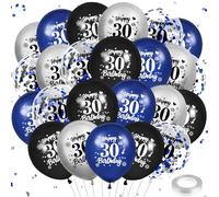 24Pcs Blue 30th Birthday Balloons Navy Blue Black Silver Happy 30th Birthday Latex Balloons Confetti Balloons for Men Women 30th Birthday Anniversary Party Decorations Supplies 12 inches