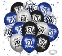 24Pcs Blue 60th Birthday Balloons Navy Blue Black Silver Happy 60th Birthday Latex Balloons Confetti Balloons for Men Women 60th Birthday Anniversary Party Decorations Supplies 12 inches