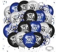 24Pcs Blue 80th Birthday Balloons Navy Blue Black Silver Happy 80th Birthday Latex Balloons Confetti Balloons for Men Women 80th Birthday Anniversary Party Decorations Supplies 12 inches