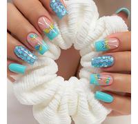 24Pcs Blue Butterfly Glitter Press on Nails with Square French Tip - Short False Stick On Nails for Women Easy to Apply, Glossy Artificial with Glitter Flakes & Hand-Painted Butterfly Design