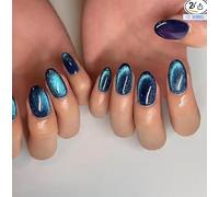 24PCS Blue Cat Eye Press On Nails - Short Glitter Fake Nails for Women, Easy Stick-On Fit, No UV Needed, Gentle on Natural, Eco-Friendly ABS, Lasts Up to 15 Days with Jelly Adhesive Tabs