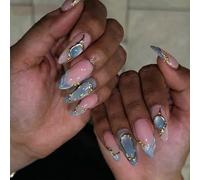 24PCS Blue Cats Eye Presses on Nails with 3D Gold Stripe and Pearls Accents for Various Event Gold Line Blue False Nails
