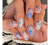 24PCS Blue Evil Eye Press-On Nails - Boho Chic Floral Design with Silver Accents for Stylish and Protective Nail Art - Trendy Press-On Artificial for Special Occasions and Daily Wear