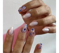24PCS Blue Floral Press On Nails - Short Almond Fake Nails with Accessory Tool, Reusable Full Cover Set for Natural Look, Easy to Apply for Wedding & Party, Trendy Y2K Aesthetic, Eco-Friendly ABS
