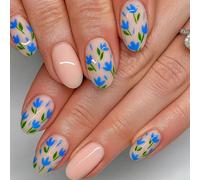 24PCS Blue Floral Press On Nails - Short Oval False Nails with Hand-Painted Blossoms, Lightweight Set for Women French Tip vibrant Blue Flowers and Green Leaves Art Elegant