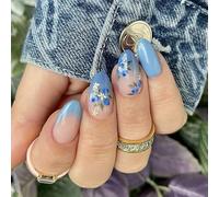 24Pcs Blue Flower Press on Nails Short Almond Shape False Stick on French Tip Artificial for Women Blue Flower Press on