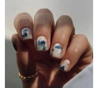 24PCS Blue Flower Stick on Nails - Short Square Shape with Gold Foil Accents - Full Cover Press on False Nails with Accessory Tools - Reusable Nail Art Accessories for Women - Easy Application