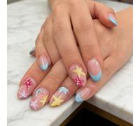 24PCS Blue French Manicure Short Fake Nails with Fish Design and ABS Artificial Nails for Girl Daily Wear Permanent ABS False Hoofs